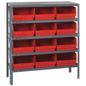 Quantum Storage Systems 1839 Series STORE-MORE Shelf Bin Shelving Unit, 18"D x 36"L x 39"H, 5 Shelves, 12 Red Bins - 1839-210RD