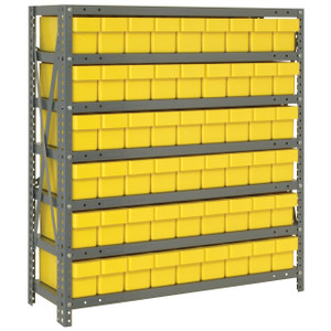 Quantum Storage Systems 1839 Series Shelf Bin Shelving Unit with Super Tuff Drawers, 18"D x 36"L x 39"H, 7 Shelves, 54 Yellow Bins - 1839-604YL