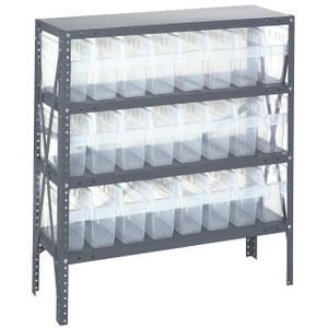 Quantum Storage Systems 1839 Series STORE-MAX Shelf Bin Shelving Unit, 18"D x 36"L x 39"H, 4 Shelves, 24 Clear Bins - 1839-SB803CL
