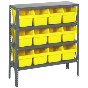 Quantum Storage Systems 1839 Series STORE-MAX Shelf Bin Shelving Unit, 18"D x 36"L x 39"H, 4 Shelves, 12 Yellow Bins - 1839-SB808YL