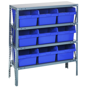 Quantum Storage Systems 1839 Series STORE-MAX Shelf Bin Shelving Unit, 18"D x 36"L x 39"H, 4 Shelves, 9 Blue Bins - 1839-SB810BL