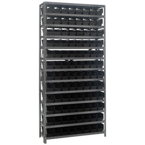 Quantum Storage Systems 1875 Series Economy Shelf Bin Shelving Unit, 18"D x 36"L x 75"H, 13 Shelves, 96 Black Bins - 1875-103BK
