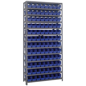 Quantum Storage Systems 1875 Series Economy Shelf Bin Shelving Unit, 18"D x 36"L x 75"H, 13 Shelves, 96 Blue Bins - 1875-103BL