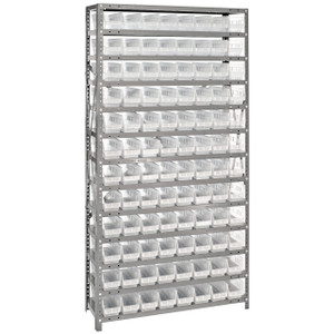Quantum Storage Systems 1875 Series Economy Shelf Bin Shelving Unit, 18"D x 36"L x 75"H, 13 Shelves, 96 Clear Bins - 1875-103CL