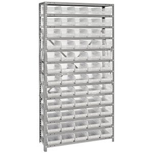 Quantum Storage Systems 1875 Series Economy Shelf Bin Shelving Unit, 18"D x 36"L x 75"H, 13 Shelves, 60 Clear Bins - 1875-104CL