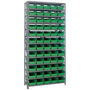 Quantum Storage Systems 1875 Series Economy Shelf Bin Shelving Unit, 18"D x 36"L x 75"H, 13 Shelves, 60 Green Bins - 1875-104GN