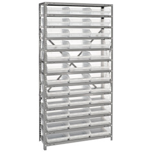Quantum Storage Systems 1875 Series Economy Shelf Bin Shelving Unit, 18"D x 36"L x 75"H, 13 Shelves, 36 Clear Bins - 1875-110CL