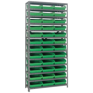 Quantum Storage Systems 1875 Series Economy Shelf Bin Shelving Unit, 18"D x 36"L x 75"H, 13 Shelves, 36 Green Bins - 1875-110GN