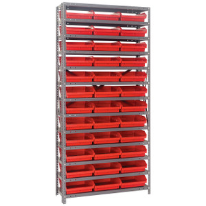 Quantum Storage Systems 1875 Series Economy Shelf Bin Shelving Unit, 18"D x 36"L x 75"H, 13 Shelves, 36 Red Bins - 1875-110RD