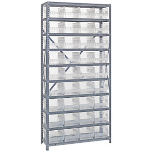 Quantum Storage Systems 1875 Series STORE-MORE Shelf Bin Shelving Unit, 18"D x 36"L x 75"H, 10 Shelves, 36 Clear Bins - 1875-208CL
