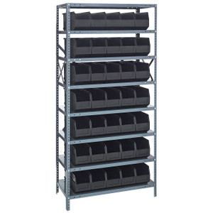 Quantum Storage Systems 1875 Series Stackable Shelf Bin Shelving Unit, 18"D x 36"L x 75"H, 8 Shelves, 35 Black Bins - 1875-461BK