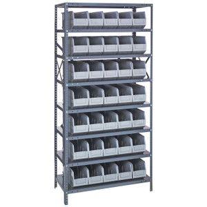 Quantum Storage Systems 1875 Series Stackable Shelf Bin Shelving Unit, 18"D x 36"L x 75"H, 8 Shelves, 35 Gray Bins - 1875-461GY