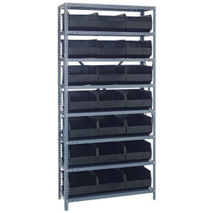 Quantum Storage Systems 1875 Series Stackable Shelf Bin Shelving Unit, 18"D x 36"L x 75"H, 8 Shelves, 21 Black Bins - 1875-465BK