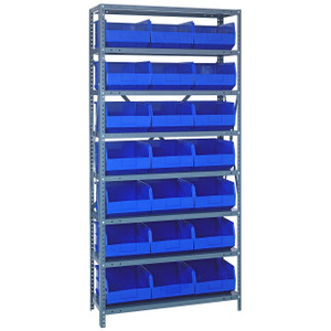 Quantum Storage Systems 1875 Series Stackable Shelf Bin Shelving Unit, 18"D x 36"L x 75"H, 8 Shelves, 21 Blue Bins - 1875-465BL
