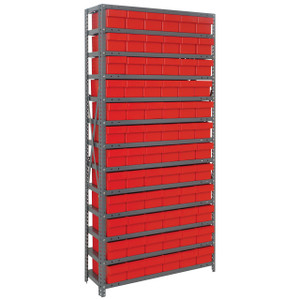 Quantum Storage Systems 1875 Series Shelf Bin Shelving Unit with Super Tuff Drawers, 18"D x 36"L x 75"H, 13 Shelves, 72 Red Bins - 1875-602RD