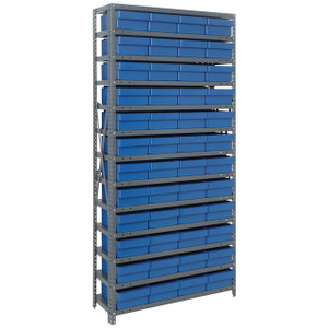 Quantum Storage Systems 1875 Series Shelf Bin Shelving Unit with Super Tuff Drawers, 18"D x 36"L x 75"H, 13 Shelves, 48 Blue Bins - 1875-606BL