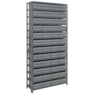 Quantum Storage Systems 1875 Series Shelf Bin Shelving Unit with Super Tuff Drawers, 18"D x 36"L x 75"H, 13 Shelves, 48 Gray Bins - 1875-606GY