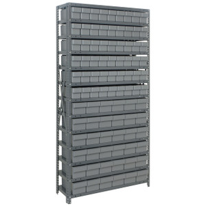 Quantum Storage Systems 1875 Series Shelf Bin Shelving Unit with Super Tuff Drawers, 18"D x 36"L x 75"H, 13 Shelves, 90 Gray Bins - 1875-624GY