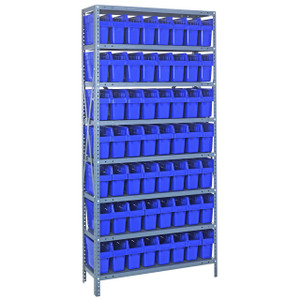 Quantum Storage Systems 1875 Series STORE-MAX Shelf Bin Shelving Unit, 18"D x 36"L x 75"H, 8 Shelves, 56 Blue Bins - 1875-SB803BL