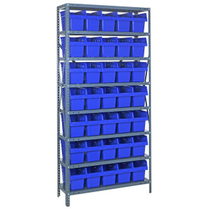 Quantum Storage Systems 1875 Series STORE-MAX Shelf Bin Shelving Unit, 18"D x 36"L x 75"H, 8 Shelves, 35 Blue Bins - 1875-SB804BL