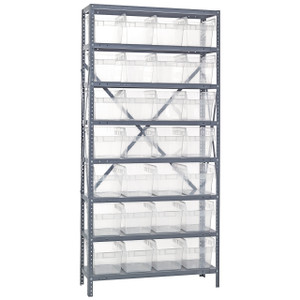 Quantum Storage Systems 1875 Series STORE-MAX Shelf Bin Shelving Unit, 18"D x 36"L x 75"H, 8 Shelves, 28 Clear Bins - 1875-SB808CL
