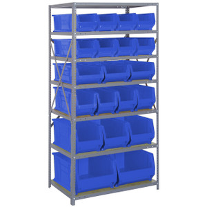 Quantum Storage Systems 2475 Series HULK 24" Container Steel Shelving System, 24"D x 36"L x 75"H, 7 Shelves, 20 Blue Bins - 2475-20-MIXBL