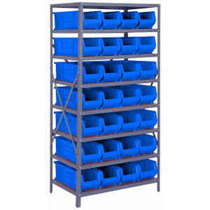 Quantum Storage Systems 2475 Series HULK 24" Container Steel Shelving System, 24"D x 36"L x 75"H, 8 Shelves, 28 Blue Bins - 2475-950BL