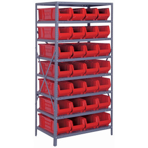 Quantum Storage Systems 2475 Series HULK 24" Container Steel Shelving System, 24"D x 36"L x 75"H, 8 Shelves, 28 Red Bins - 2475-950RD