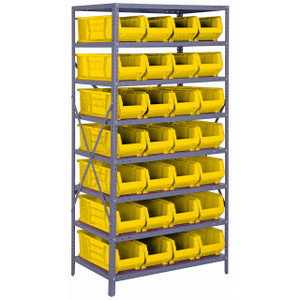 Quantum Storage Systems 2475 Series HULK 24" Container Steel Shelving System, 24"D x 36"L x 75"H, 8 Shelves, 28 Yellow Bins - 2475-950YL