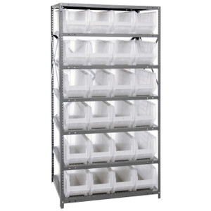 Quantum Storage Systems 2475 Series HULK 24" Container Steel Shelving System, 24"D x 36"L x 75"H, 7 Shelves, 24 Clear Bins - 2475-951CL