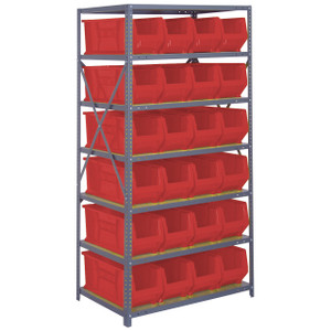 Quantum Storage Systems 2475 Series HULK 24" Container Steel Shelving System, 24"D x 36"L x 75"H, 7 Shelves, 24 Red Bins - 2475-951RD