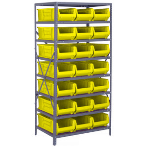 Quantum Storage Systems 2475 Series HULK 24" Container Steel Shelving System, 24"D x 36"L x 75"H, 8 Shelves, 21 Yellow Bins - 2475-952YL