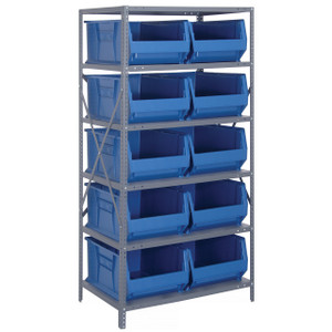 Quantum Storage Systems 2475 Series HULK 24" Container Steel Shelving System, 24"D x 36"L x 75"H, 6 Shelves, 10 Blue Bins - 2475-954BL