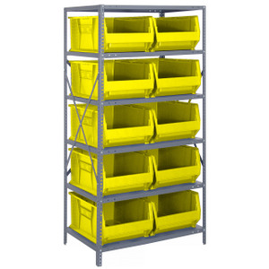 Quantum Storage Systems 2475 Series HULK 24" Container Steel Shelving System, 24"D x 36"L x 75"H, 6 Shelves, 10 Yellow Bins - 2475-954YL