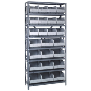 Quantum Storage Systems 2475 Series Stackable Shelf Bin Shelving Unit, 24"D x 36"L x 75"H, 8 Shelves, 24 Gray Bins - 2475-483485GY