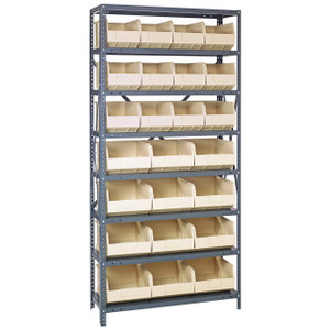Quantum Storage Systems 2475 Series Stackable Shelf Bin Shelving Unit, 24"D x 36"L x 75"H, 8 Shelves, 24 Ivory Bins - 2475-483485IV