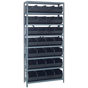 Quantum Storage Systems 2475 Series Stackable Shelf Bin Shelving Unit, 24"D x 36"L x 75"H, 8 Shelves, 28 Black Bins - 2475-483BK