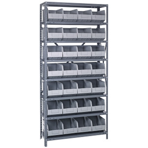 Quantum Storage Systems 2475 Series Stackable Shelf Bin Shelving Unit, 24"D x 36"L x 75"H, 8 Shelves, 28 Gray Bins - 2475-483GY