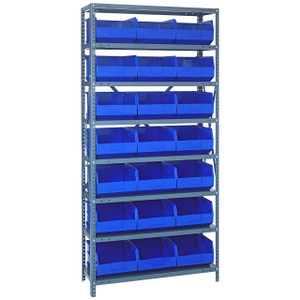 Quantum Storage Systems 2475 Series Stackable Shelf Bin Shelving Unit, 24"D x 36"L x 75"H, 8 Shelves, 21 Blue Bins - 2475-485BL