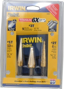 IRWIN 1/8 to 3/4", TiN Finish, High Speed Steel Step Drill Bit Set 3 Piece, Standard Point, Hex Shank 15502 - 00404111