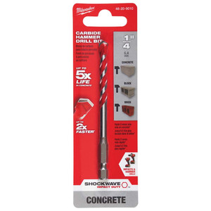 Milwaukee Tool Rotary Drill/Hammer Drill Bits, Drill Bit Size (Inch): 1/4, Usable Length (Inch): 2.0000, Drill Bit Material: Carbide Tipped, Flute Length (Inch): 2, Number of Pieces: 1.000, Cutting Direction: Right Hand 48-20-9010 - 48132260 Milwaukee Tool Rotary Drill/Hammer Drill Bits, Drill Bit Size (Inch): 1/4, Usable Length (Inch): 2.0000, Drill Bit Material: Carbide Tipped, Flute Length (Inch): 2, Number of Pieces: 1.000, Cutting Direction: Right Hand 48-20-9010 - 48132260
