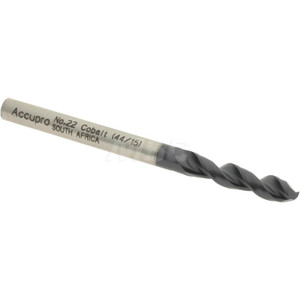 Accupro #22 130° Parabolic Flute Cobalt Screw Machine Drill Bit TiAlN Finish, Right Hand Cut, 0.866" Flute Length, 2.165" OAL, Split Point, Straight Shank 1630399A-AC - 01348770