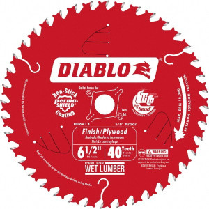 Diablo Tools Wet & Dry Cut Saw Blade: 6-1/2" Dia, 5/8" Arbor Hole, 0.059" Kerf Width, 40 Teeth Use on Hardwoods, Softwoods & Engineered Materials, Laminated Plywood & Plywood, Round Arbor D0641X - 30905673