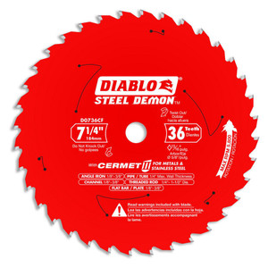 Diablo Tools Wet & Dry-Cut Saw Blades, Blade Diameter (Inch): 7-1/4, Blade Material: Carbide-Tipped, Blade Thickness (Decimal Inch): 0.0750, Arbor Hole Diameter (Inch): 5/8, Number of Teeth: 36 D0736CF - 98138308