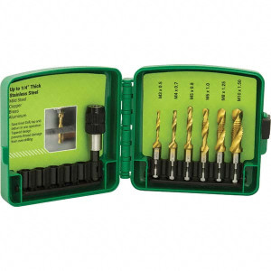 Greenlee Combination Drill & Tap Sets, Minimum Thread Size: M3x0.50 mm, Maximum Thread Size: 3/8-16 in, M10x1.50 mm DTAPSSKITM - 12635173