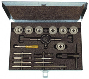 Cle-Line Tap & Die Set: #4-40 to #12-28 Taps, #4-40 to #12-28 Dies, UNC & UNF Bright Finish, Round Dies, Plug, Adjustable, 23 Pc C00526 - 43489590