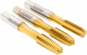 Greenfield Threading Tap Set: 3/16-16 UNC, 4 Flute, Bottoming Plug & Taper, High Speed Steel, TiN Finish 2.9375" OAL, 2 & 3B Class of Fit, Right Hand, 3 Pc 174528 - 59036657