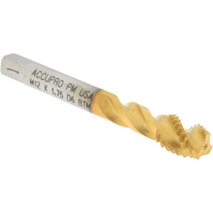Accupro Spiral Flute Tap: M12 x 1.75, Metric Coarse, 3 Flute, Modified Bottoming, 6H Class of Fit, Powdered Metal, TiN Finish Right Hand Flute, Right Hand Thread, D6 43086-00T - 62491303