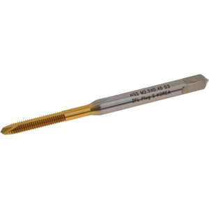 Hertel Spiral Point Tap: M2.5x0.45 Metric Coarse, 2 Flutes, Plug, 6H Class of Fit, High Speed Steel, TiN Coated 1/2" Thread Length, Right Hand, D3, K027719AS25 - 07681778