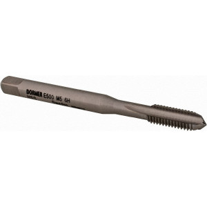 Dormer Pramet Straight Flute Tap: M5x0.8 Metric Coarse, 3 Flute, Bottoming Chamfer, 6H Class of Fit, HSS, Bright/Uncoated Finish 11.00 mm Thread Length, 58.00 mm OAL, Right Hand, Series E500 5976886 - 65648644